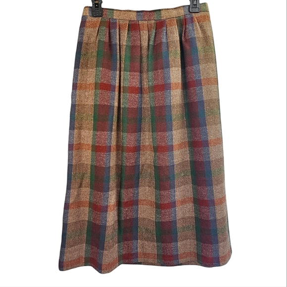 Mary Flaherty Ireland 100% Lambswool Pleated Tan/Multi Plaid Midi Skirt Size 12 - Picture 2 of 12